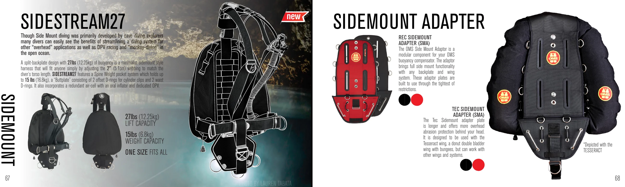 2018 DUI and OMS Gear Guide spread: the SideStream27 sidemount harness with its 3D line rendering, and the OMS Side Mount Adapter