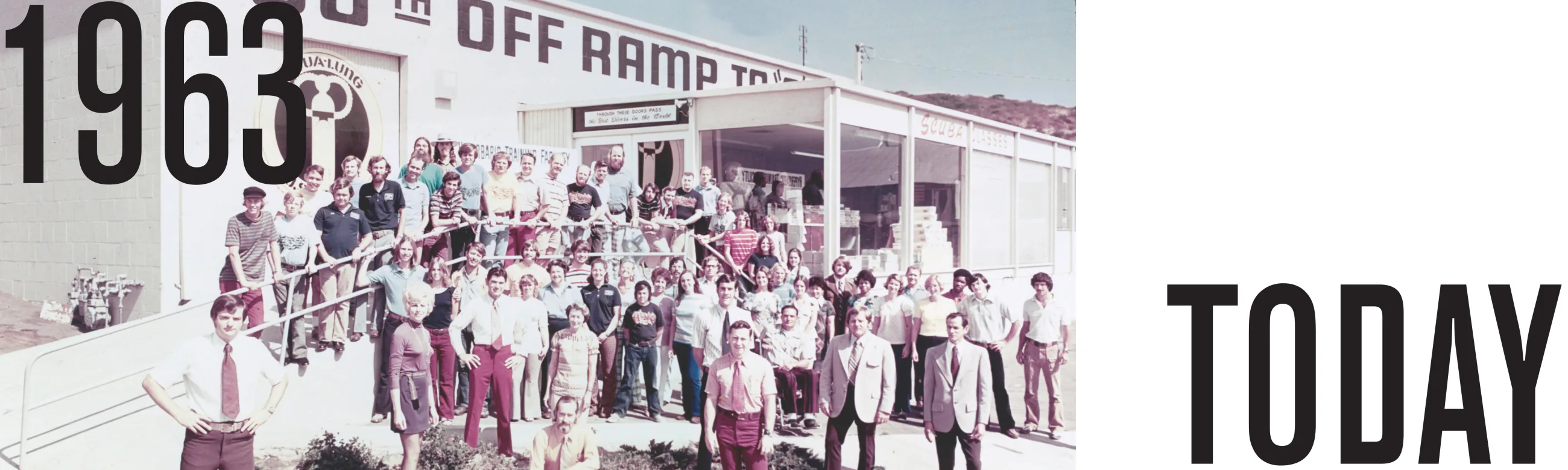 2018 DUI and OMS Gear Guide opening spread: the DUI team outside the San Diego shop in 1963, set against the word Today