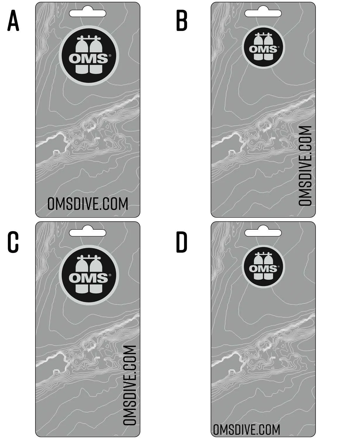 Four OMS hang tag concepts with the same topographic line art