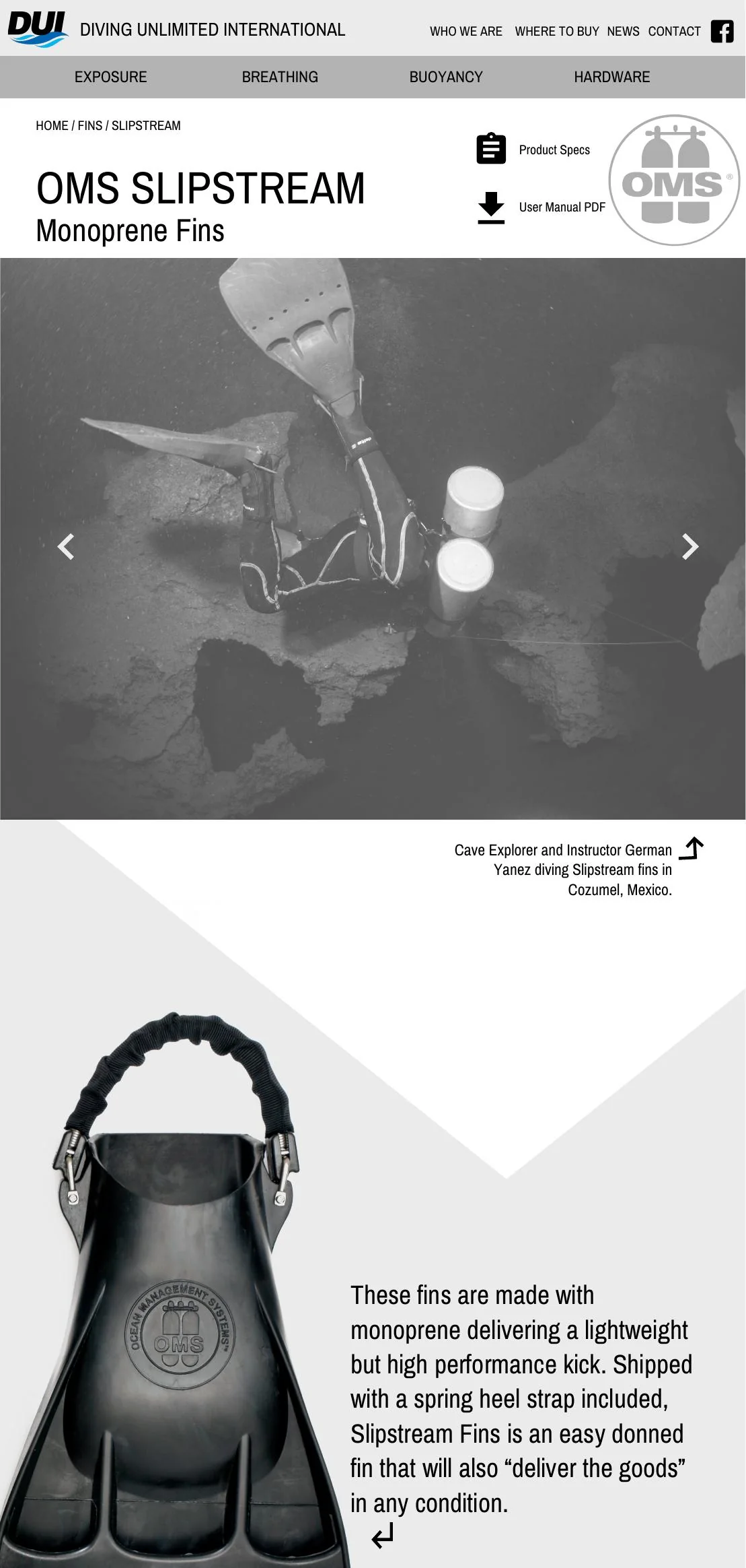 OMS Slipstream Monoprene Fins product page concept for the OMS website, February 2017