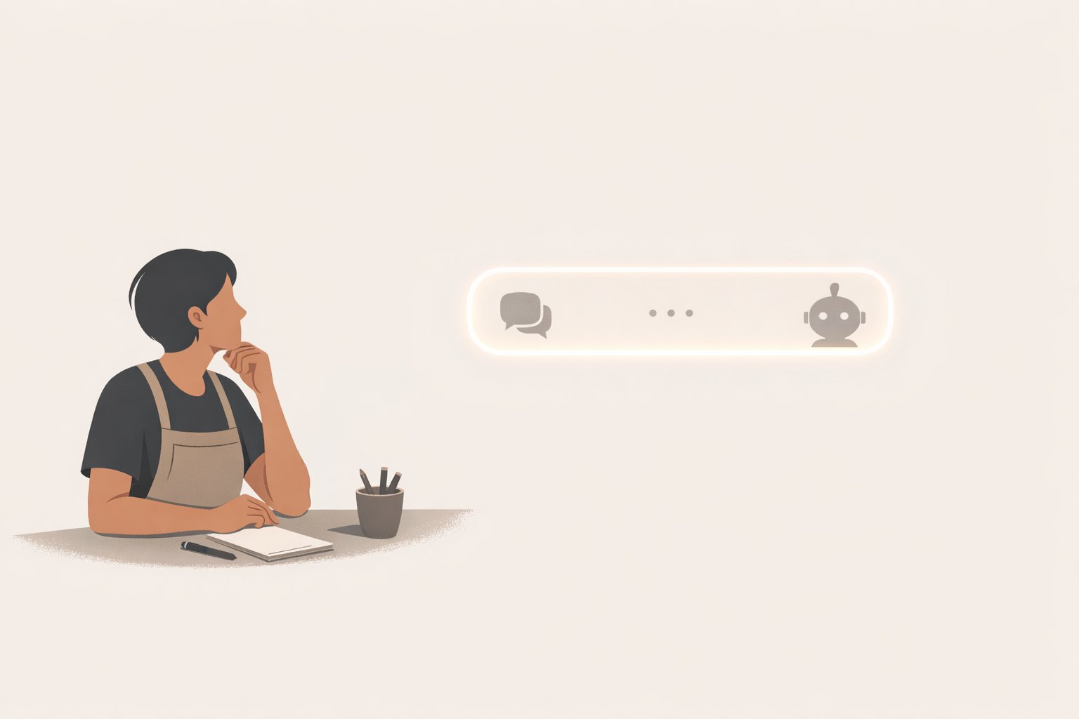 Small-business owner considering a question posed to a glowing AI chat assistant